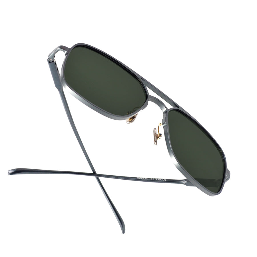 Under view of large square metal sunglasses 