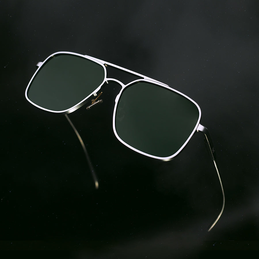 Close up front view of large square metal sunglasses 