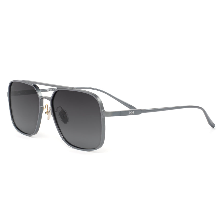 Corner view of large square metal sunglasses 