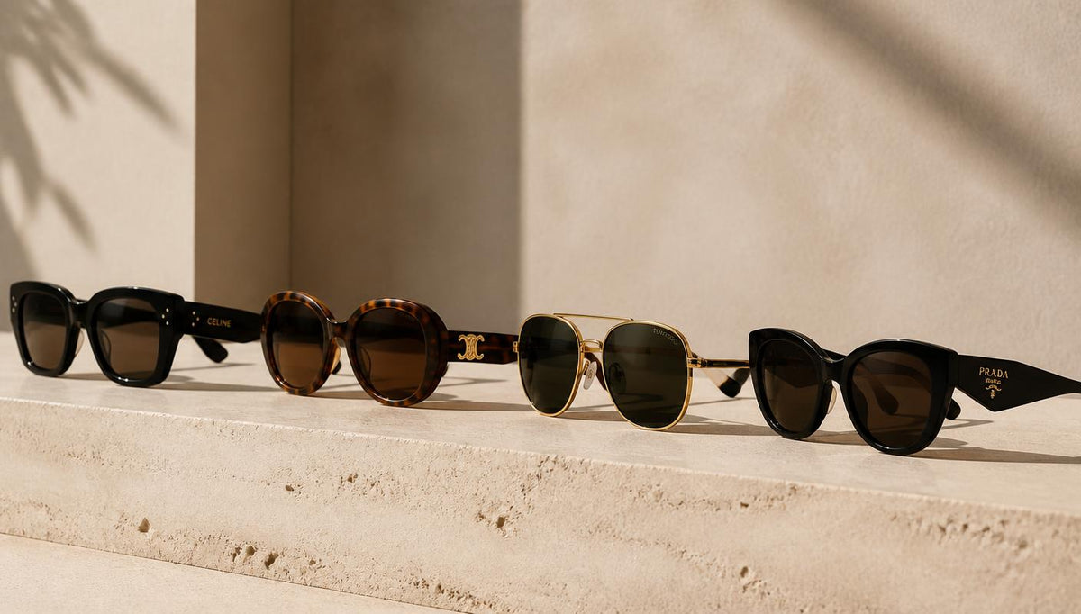 A curated row of luxury sunglasses on a stone ledge