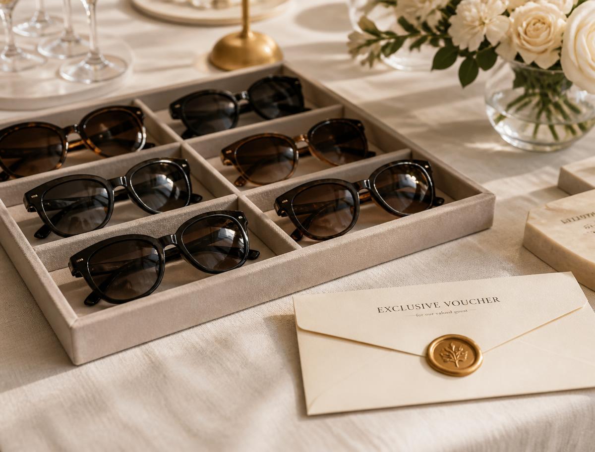 Curated sunglasses tray and wax-sealed voucher at an event